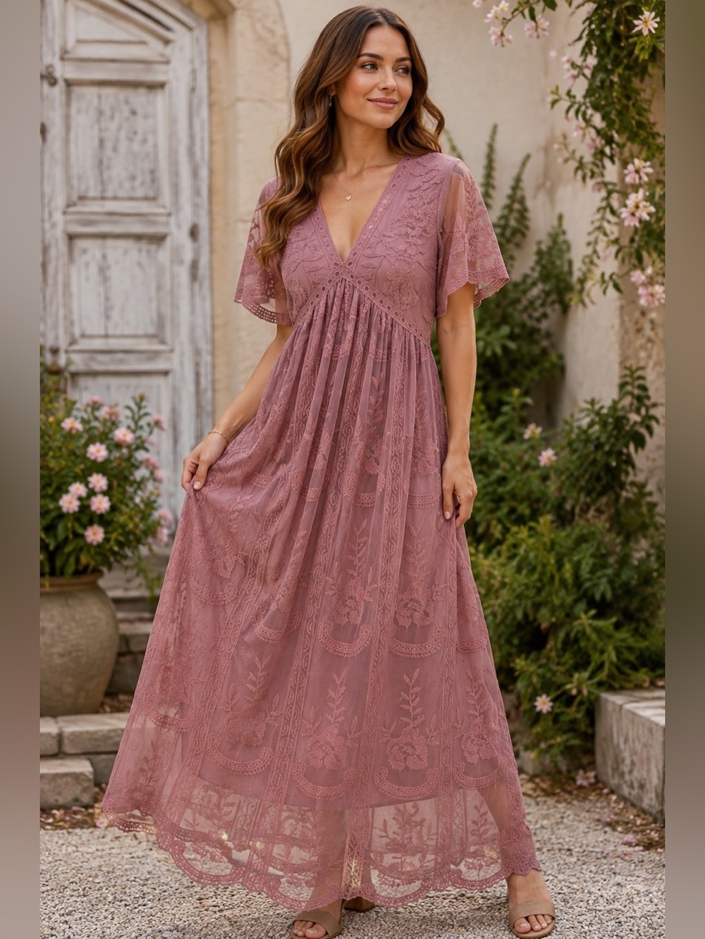 Pink Blush XL Mauve Embroidered Lace Mesh Maxi Dress Boho Romantic Cottagecore